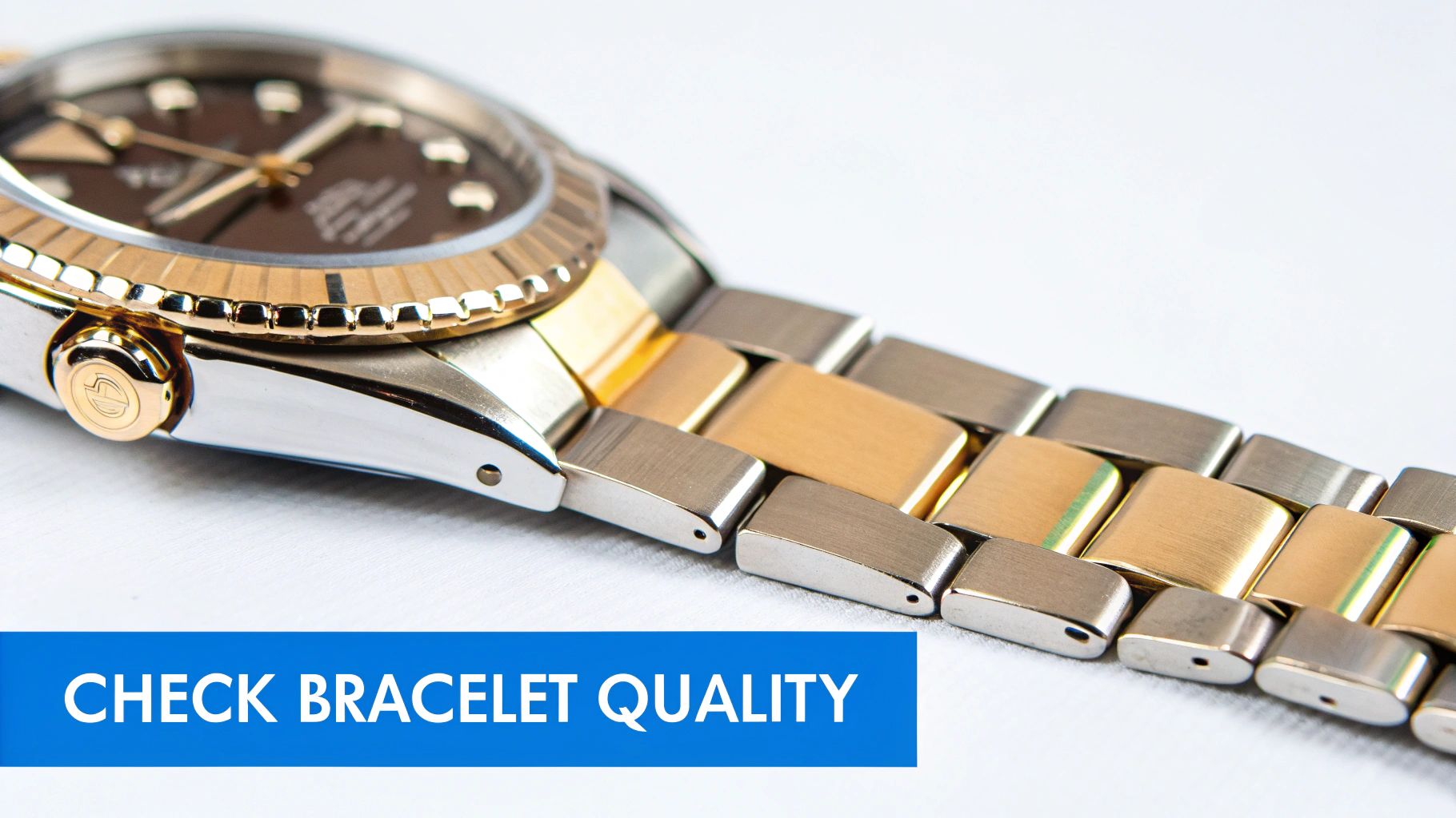 Two-tone Rolex watch bracelet showing alternating gold and steel links with crown logo on clasp