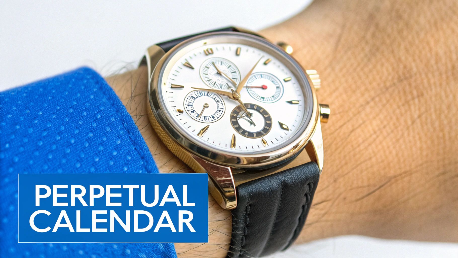 Gold chronograph perpetual calendar watch with white dial and subdials on leather strap