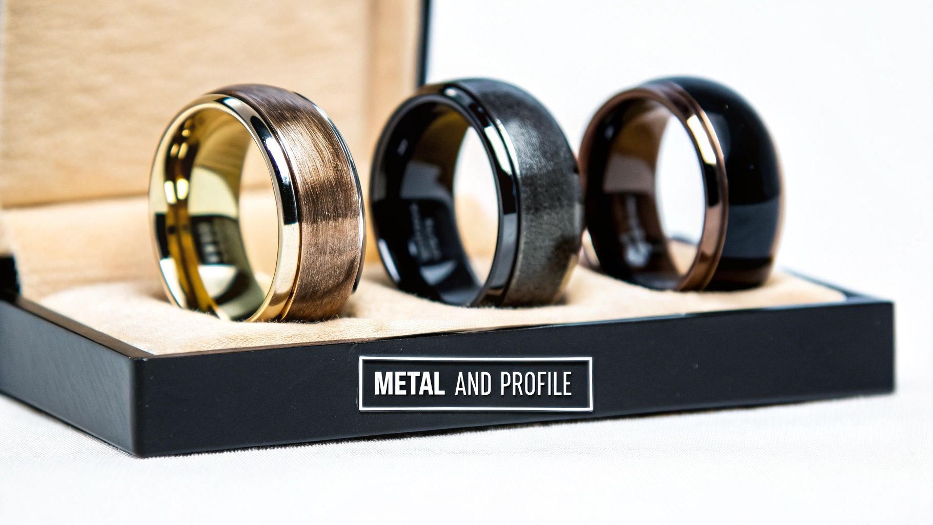 Three men's wedding bands in gold, black, and rose gold finishes displayed in a dark box.