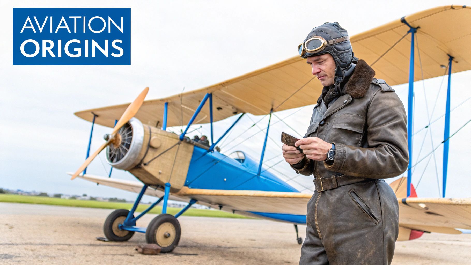 A man in vintage pilot gear stands next to an old biplane on an airfield, looking at an object.