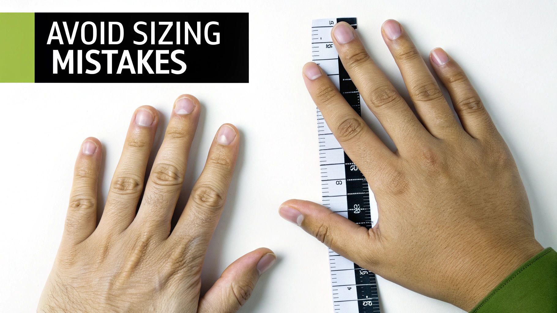 Two hands next to a measuring tape on a white surface, with text 'AVOID SIZING MISTAKES'.