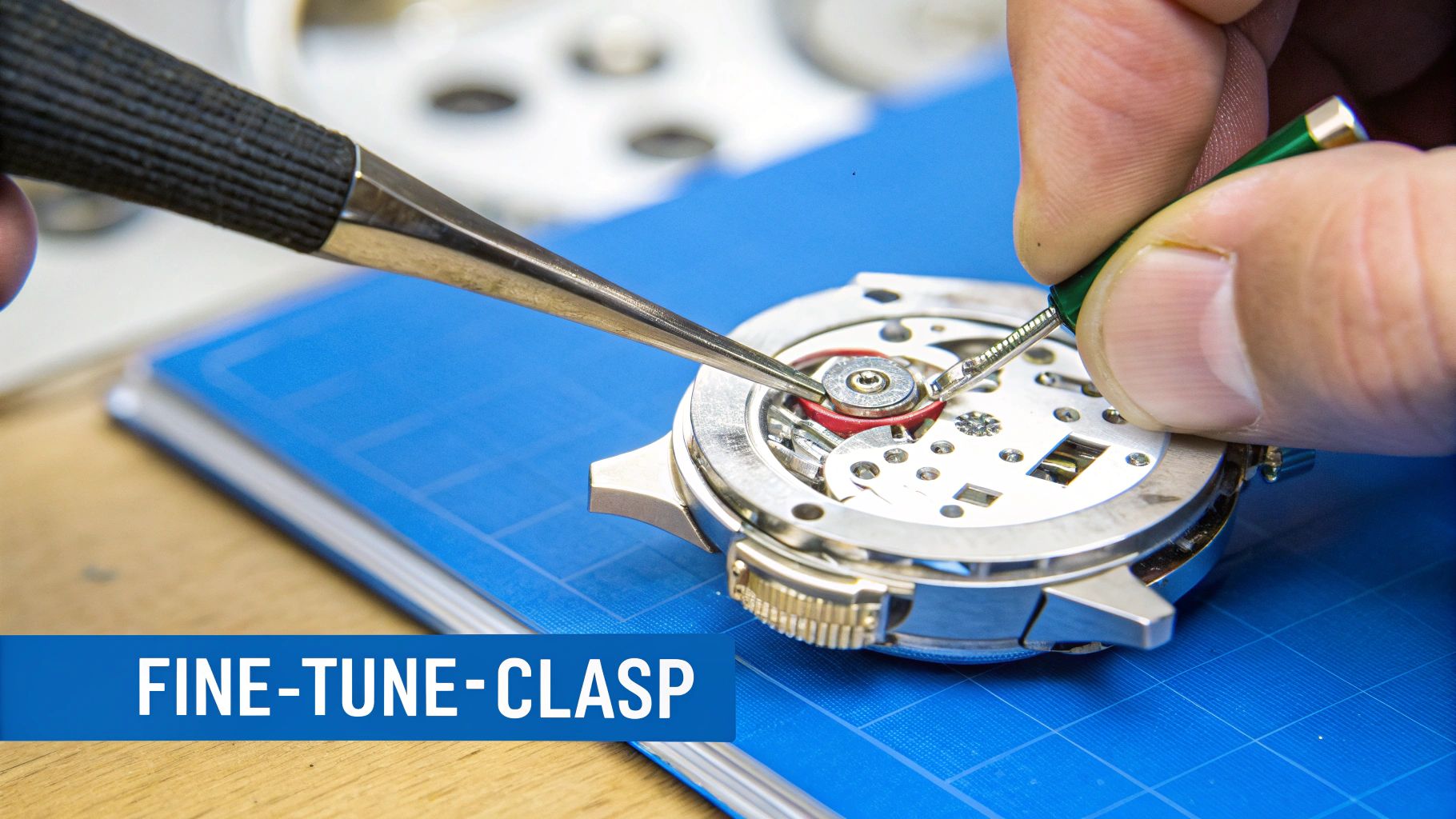 Close-up of a watchmaker's hands using tweezers and a tool to adjust the intricate mechanism of a wristwatch.