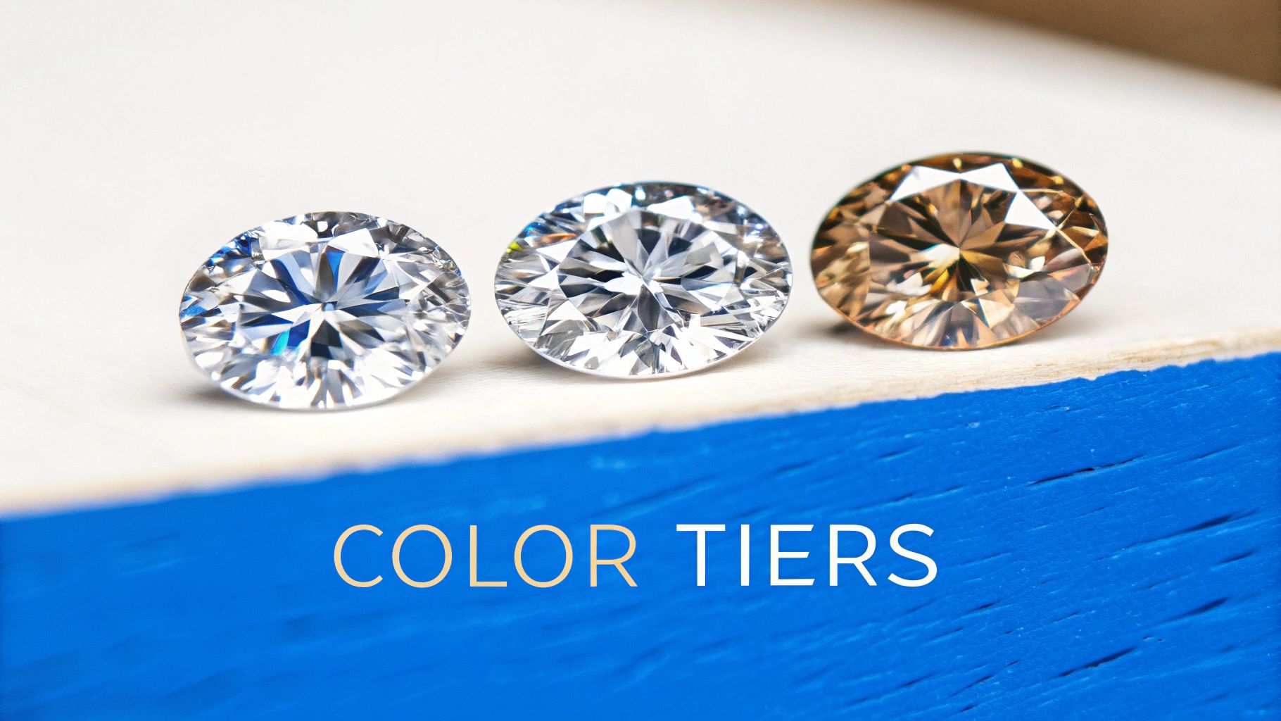 Three oval cut moissanite gemstones showing color tiers from colorless to champagne brown