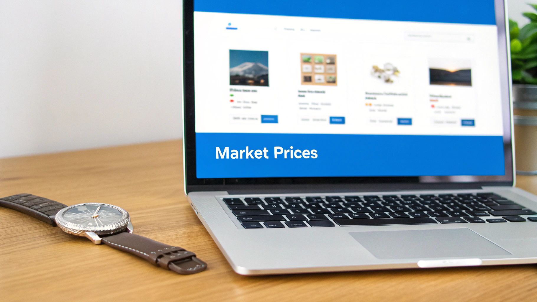 A silver laptop displaying 'Market Prices' on its screen, with a stylish watch on a wooden desk.