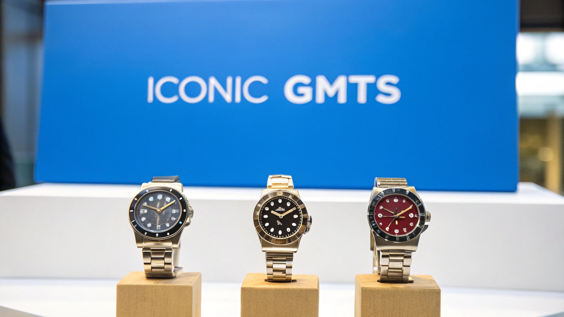 Three iconic GMT watches displayed on wooden stands with a blue 'ICONIC GMTS' sign.