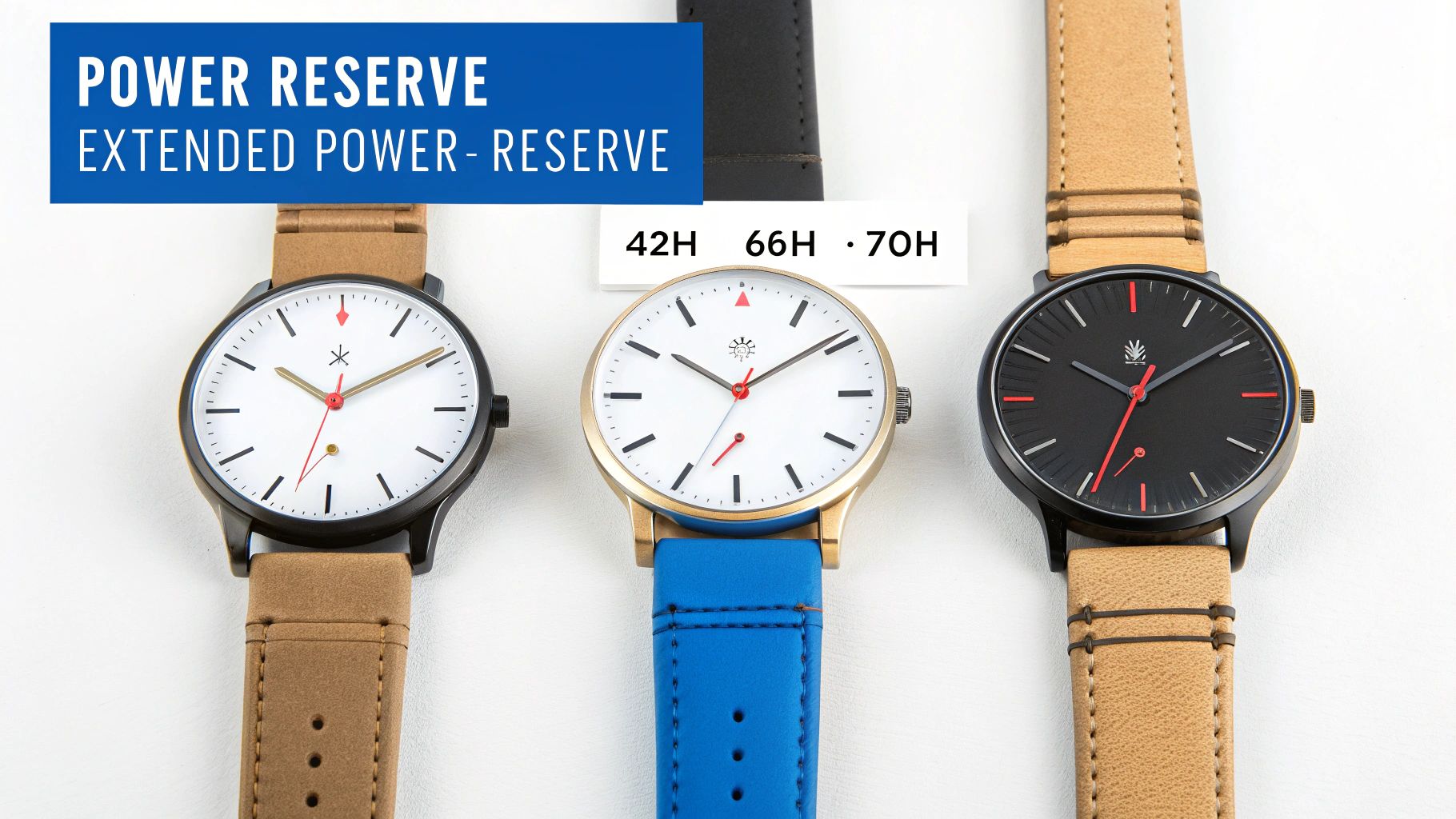 Three modern watches on a white surface, displaying power reserve durations: 42H, 66H, and 70H.