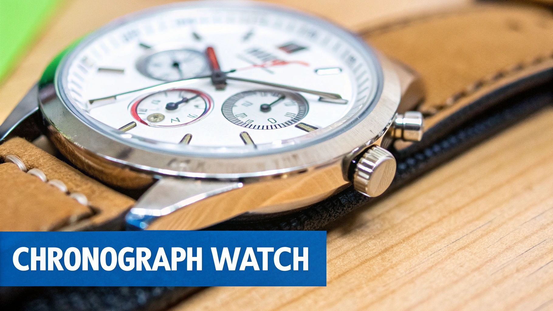 Close-up of a stylish chronograph watch with a white dial, sub-dials, and a brown leather strap.