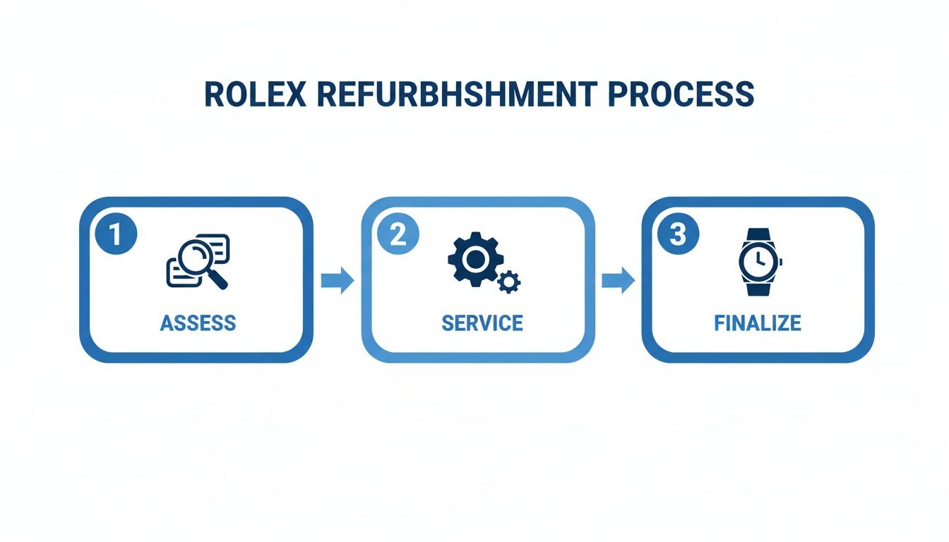 Infographic showing the Rolex refurbishment process in three steps: assess, service, and finalize.