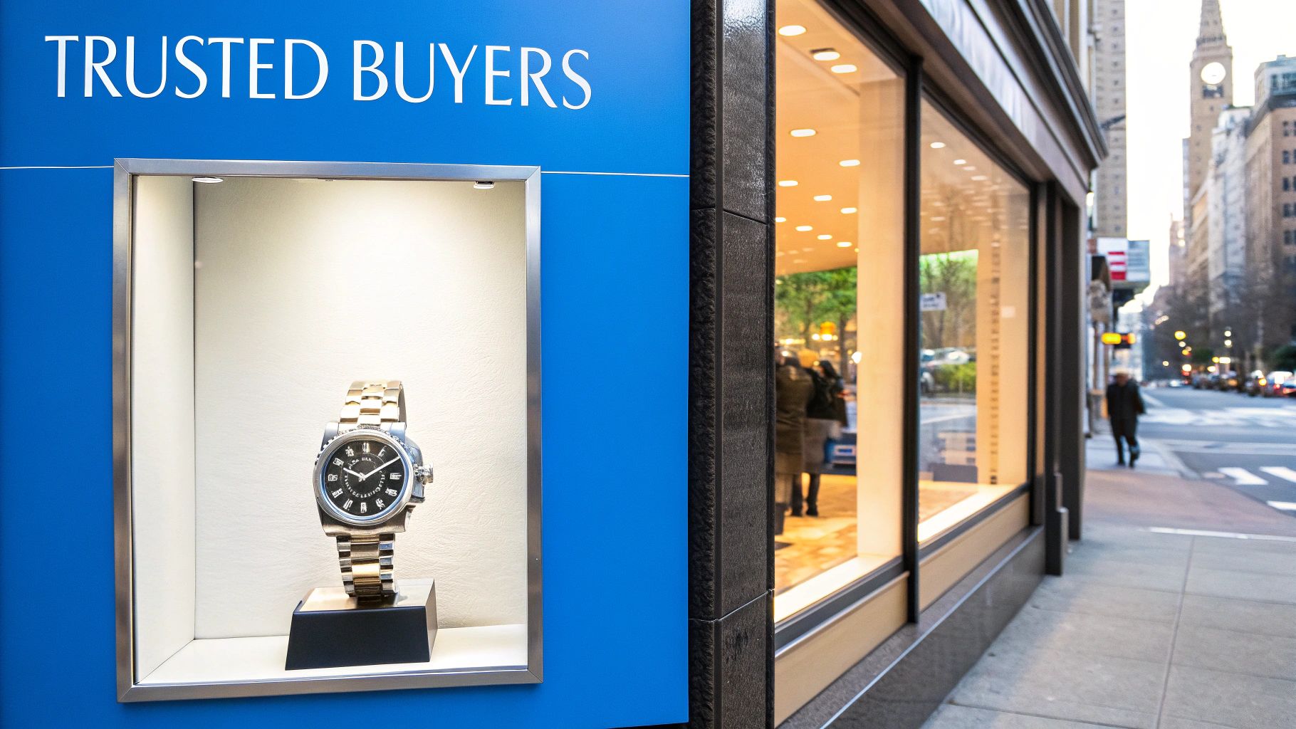 A person inspecting a Rolex watch in a professional jeweler setting in NYC