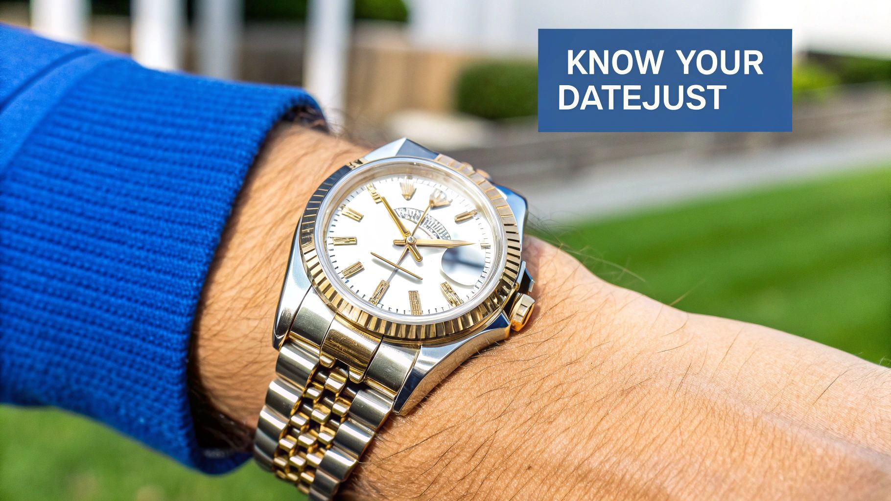Close-up of a person's wrist wearing a two-tone Rolex Datejust watch with a white dial and fluted bezel.