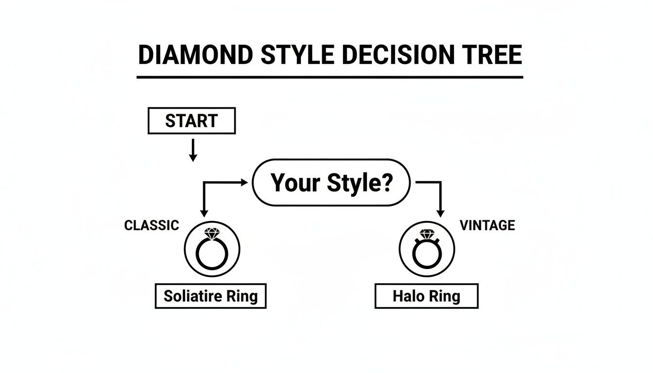 A flowchart titled 'Diamond Style Decision Tree' guiding choices between classic solitaire and vintage halo rings.