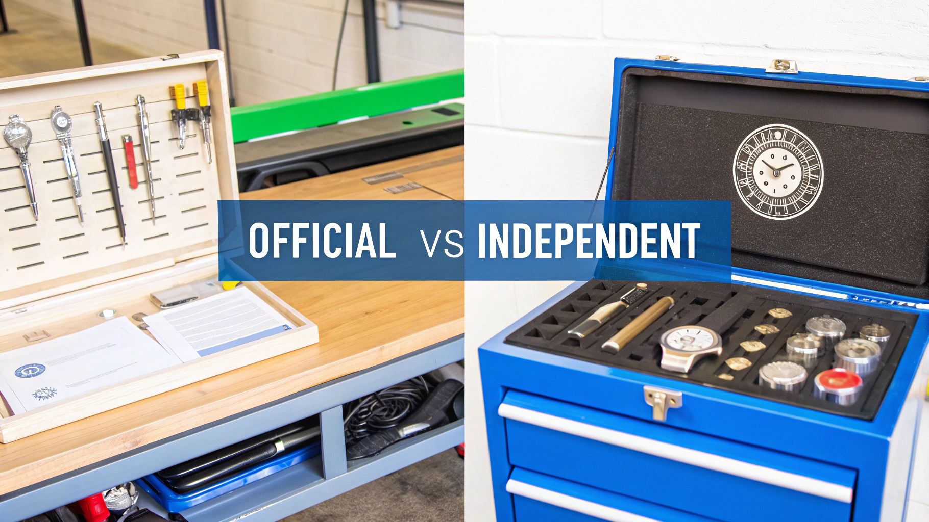 Side-by-side comparison of official versus independent watch repair setups, featuring tools and watch parts.