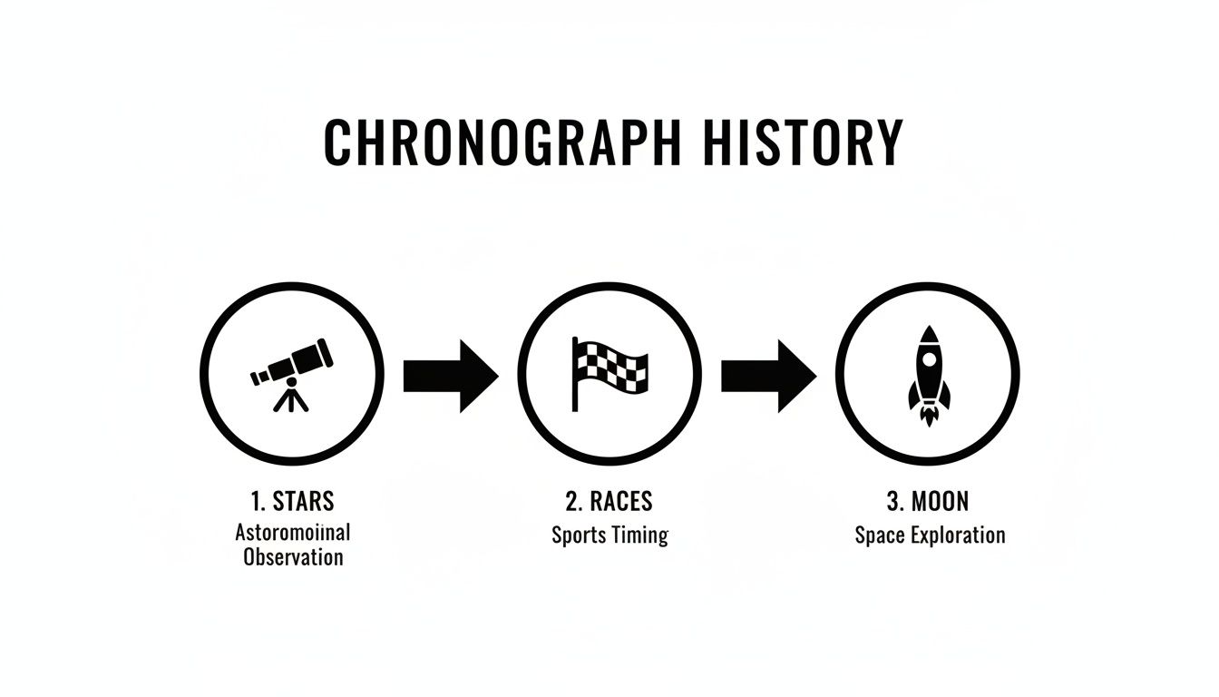 A visual timeline illustrating chronograph history, from astronomical observation to sports timing and space exploration.