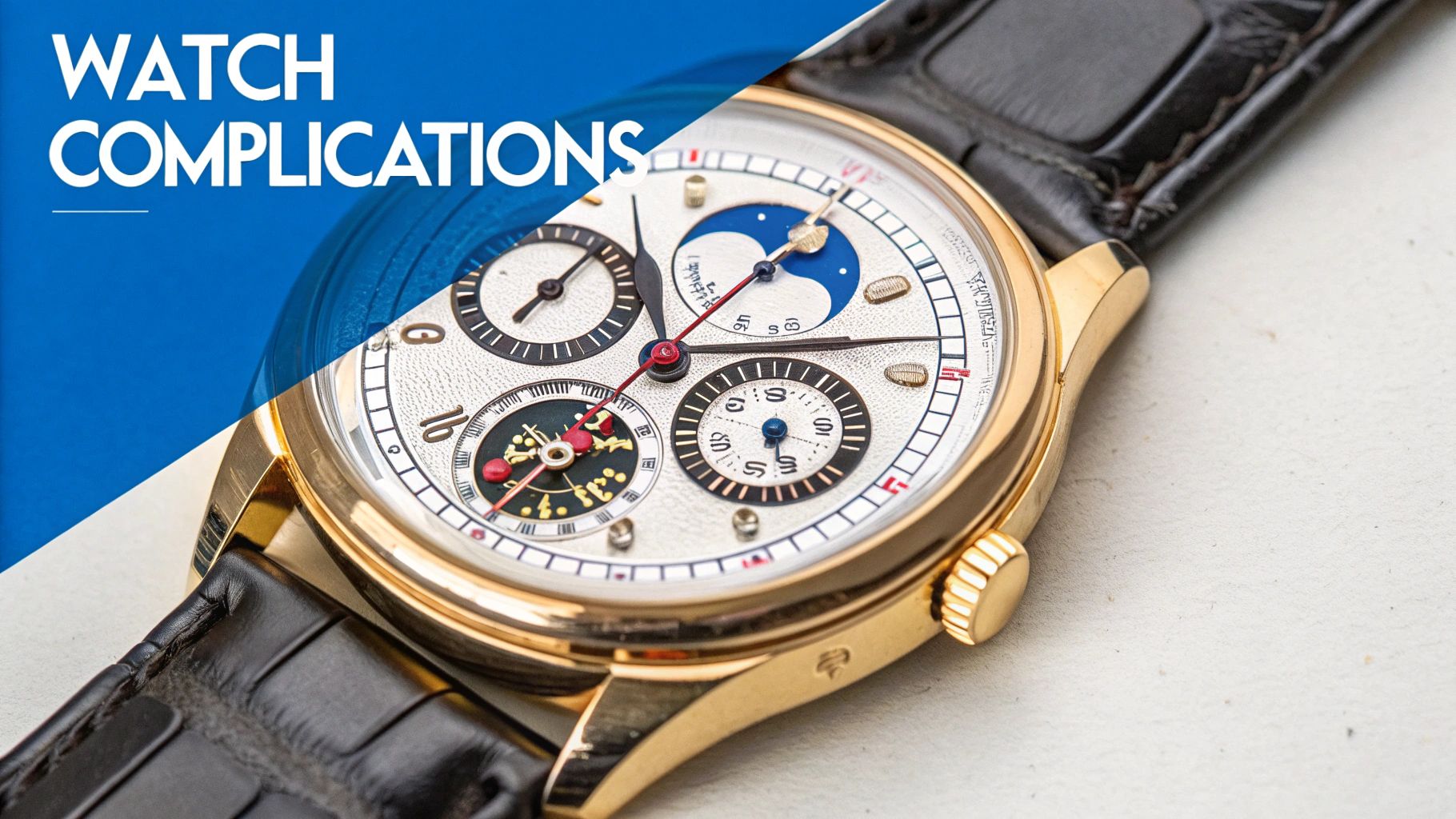 Close-up of an elegant gold watch with multiple complications, moon phase, and black leather strap, on a split background.