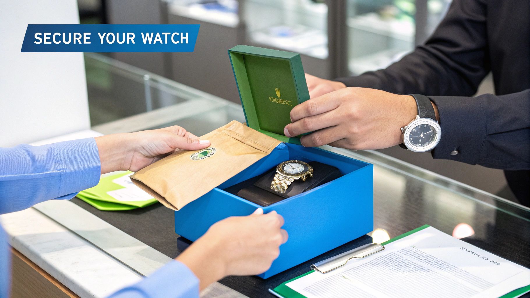 Two people exchanging a watch box, one person holds a gold watch, showcasing a secure transaction.