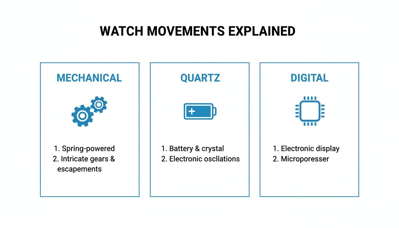 Infographic comparing mechanical, quartz, and digital watch movements with their descriptions and icons.