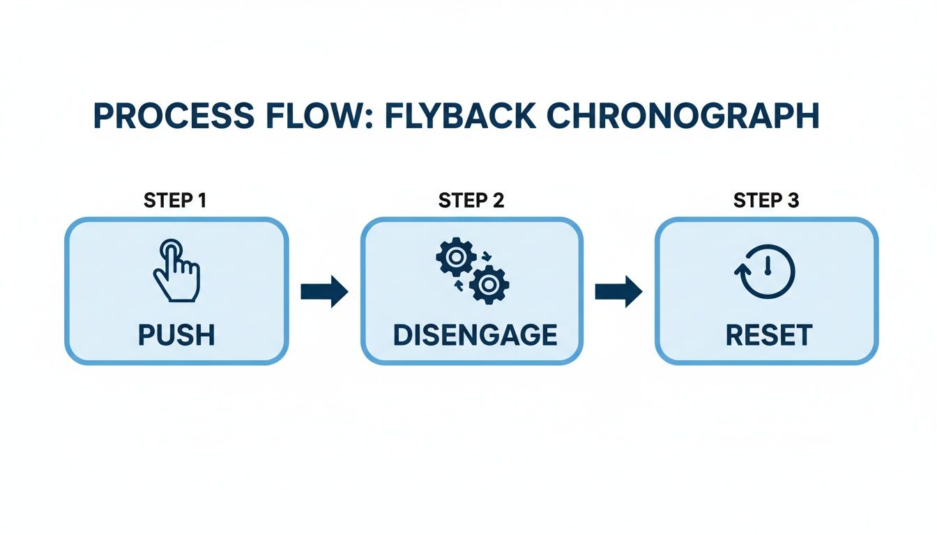A process flow diagram illustrating three steps: Push, Disengage, and Reset for a flyback chronograph.
