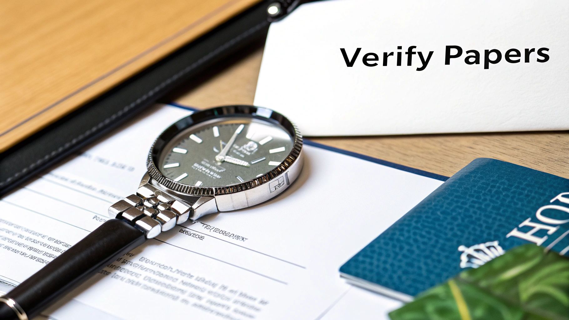 A silver watch rests on paper documents, with a label that says 'Verify Papers', next to a blue booklet.