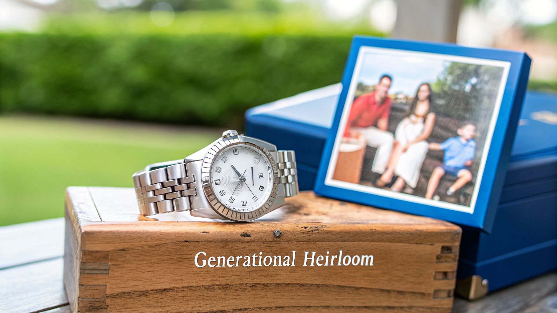 A silver watch rests on a wooden box with 'Generational Heirloom' text, next to a framed family photo and a blue box.