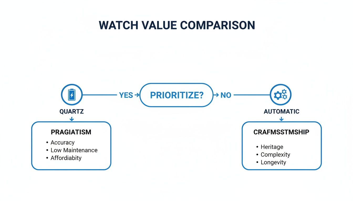 Flowchart comparing watch values, detailing pragmatic benefits of quartz vs. craftsmanship of automatic movements.