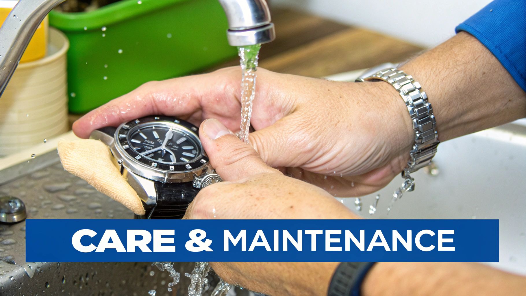 Hands cleaning a silver dive watch under running water in a sink, demonstrating care.
