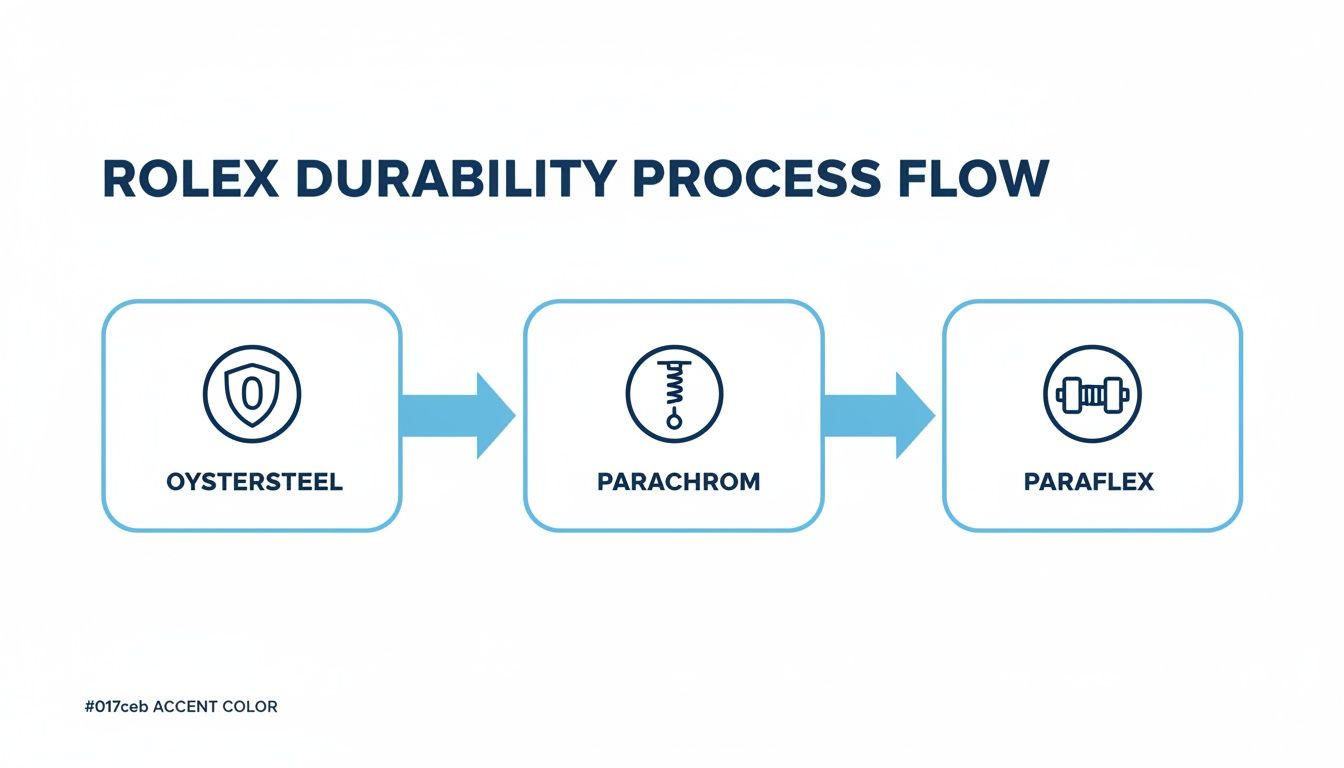 A flow chart illustrating the Rolex durability process, featuring Oystersteel, Parachrom, and Paraflex.