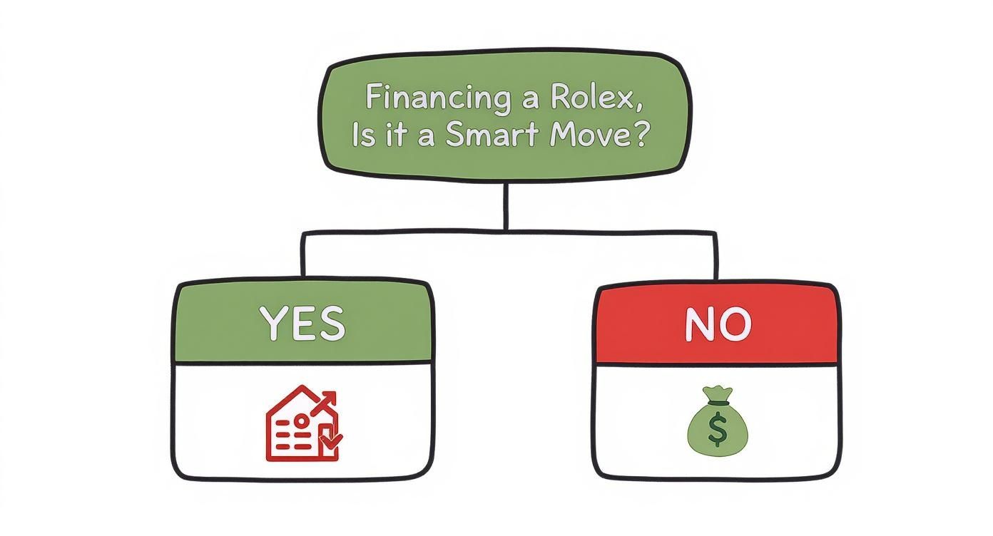 A financial decision diagram questions if financing a Rolex watch is a smart move.