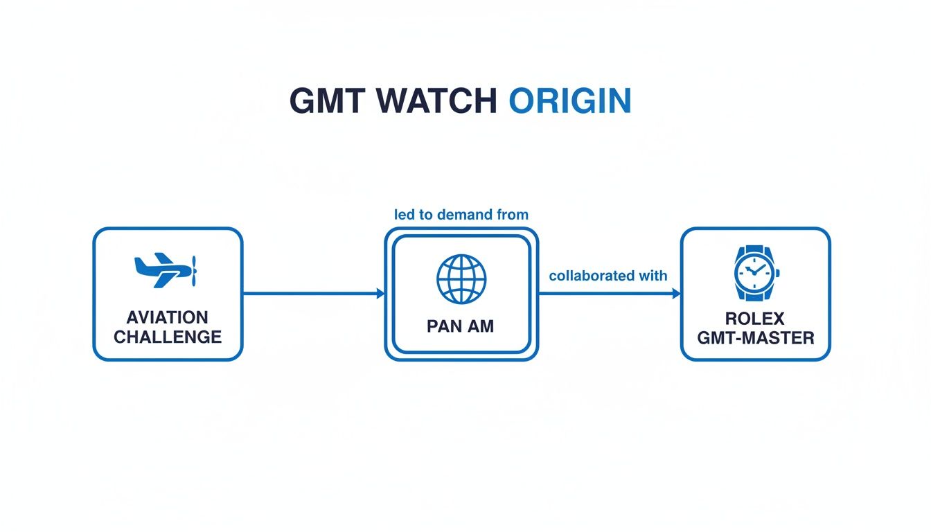 Flowchart illustrating GMT watch origin: Aviation Challenge led to Pan Am demand, collaborating with Rolex GMT-Master.