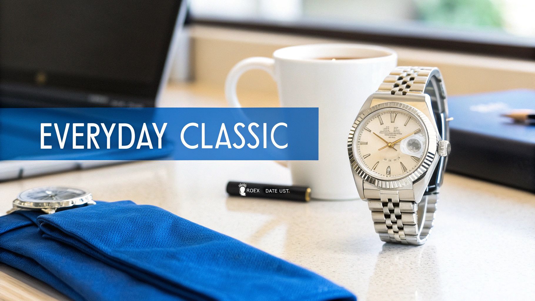 A silver Rolex Datejust watch, coffee mug, and laptop on a desk with 'EVERYDAY CLASSIC' text.