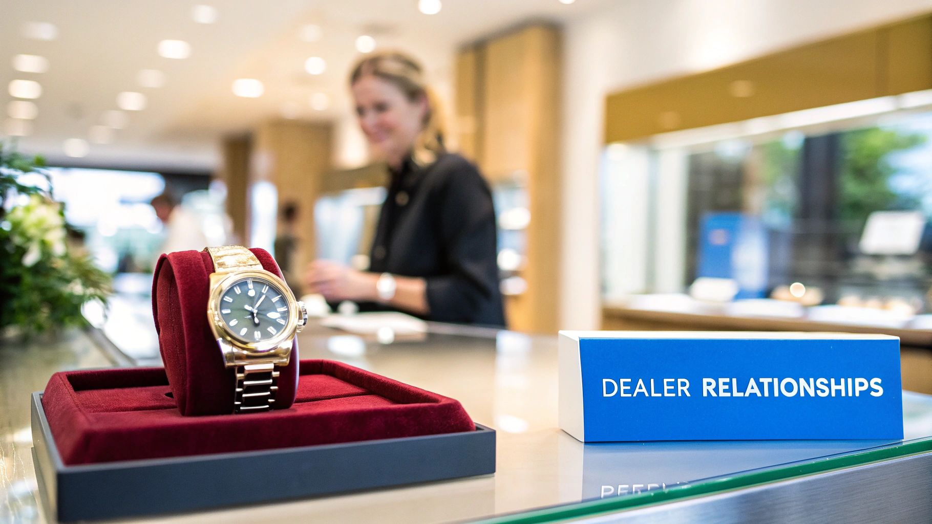A luxurious gold watch displayed on a red velvet stand, with a 'DEALER RELATIONSHIPS' sign.