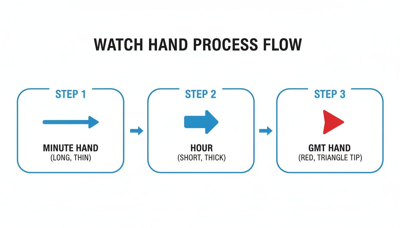 Process flow diagram showing the creation sequence of minute, hour, and GMT watch hands.