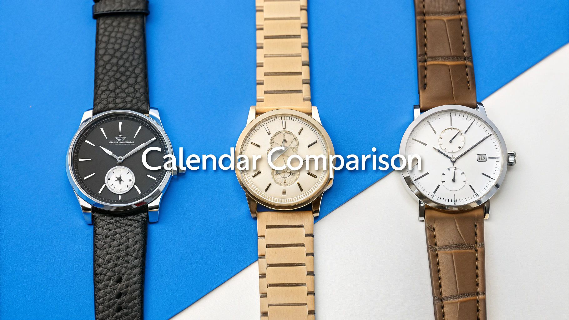 Three luxury watches with different calendar complications displayed side by side for comparison