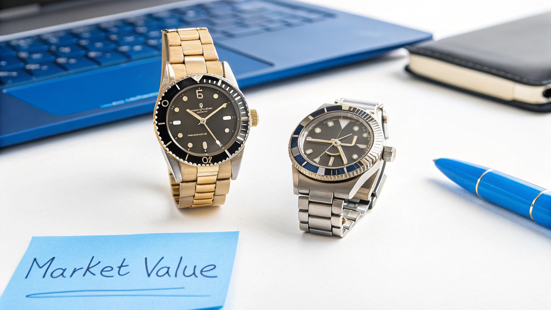 Two luxury watches, a laptop, and a sticky note with 'Market Value' on a desk.