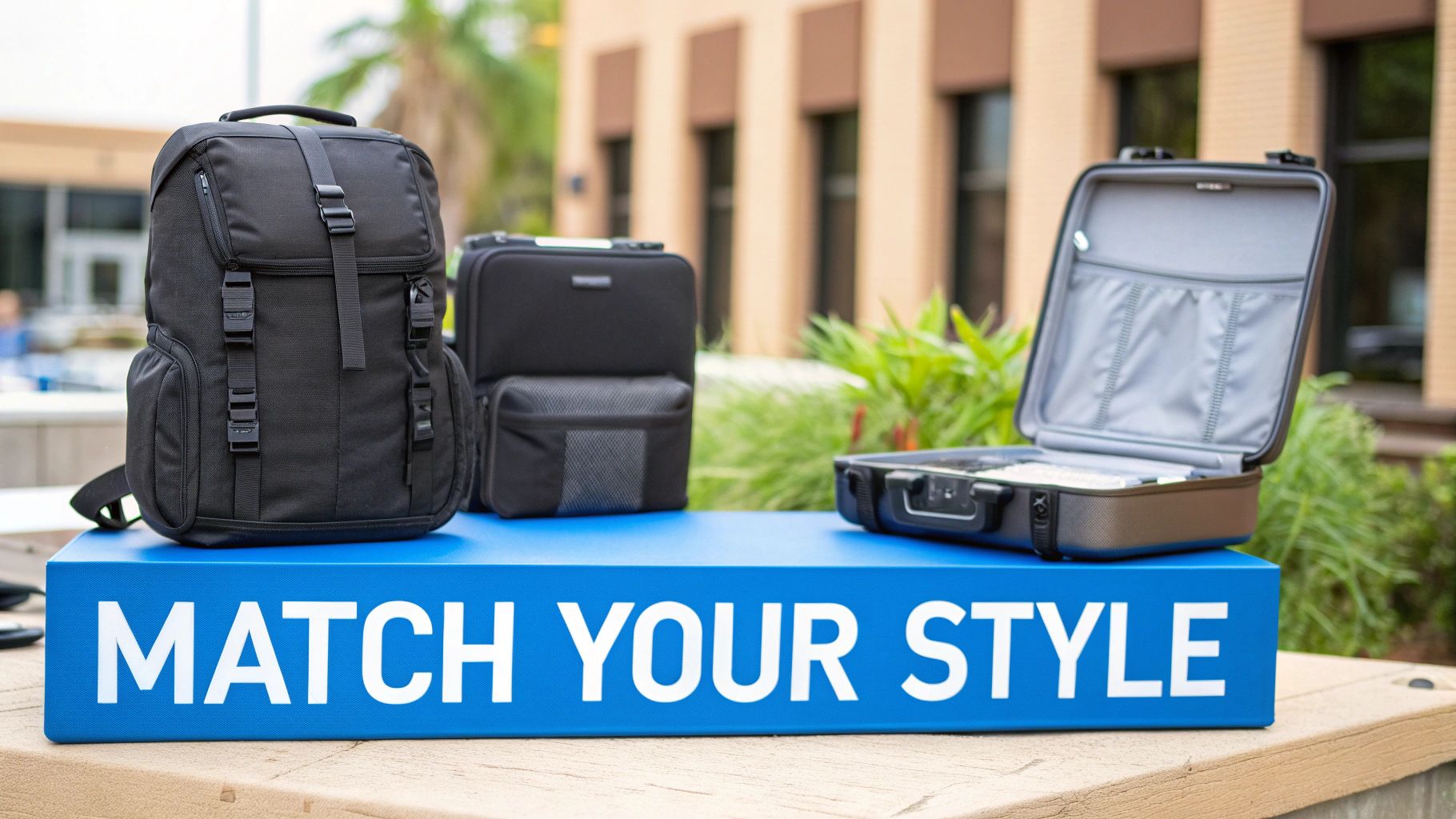 Three stylish black travel bags including a backpack, small carry-on, and open briefcase, on a blue stand.