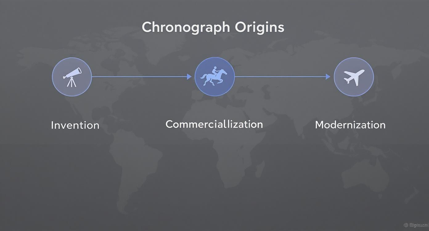 A diagram illustrating the origins of chronographs, from invention and commercialization to modernization, with icons.