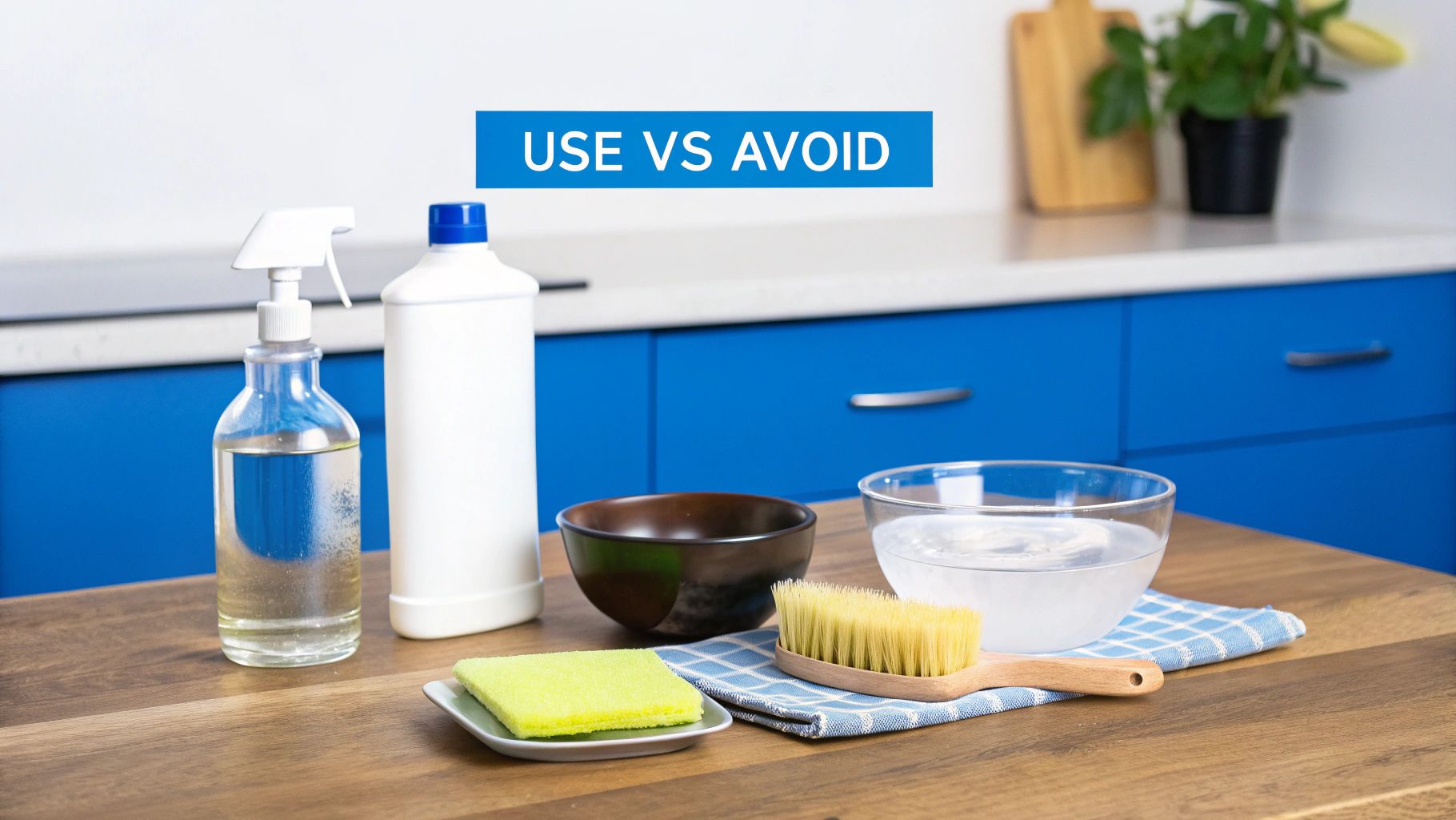 Cleaning supplies like spray bottle, opaque bottle, sponge, brush, and bowls on a kitchen counter.
