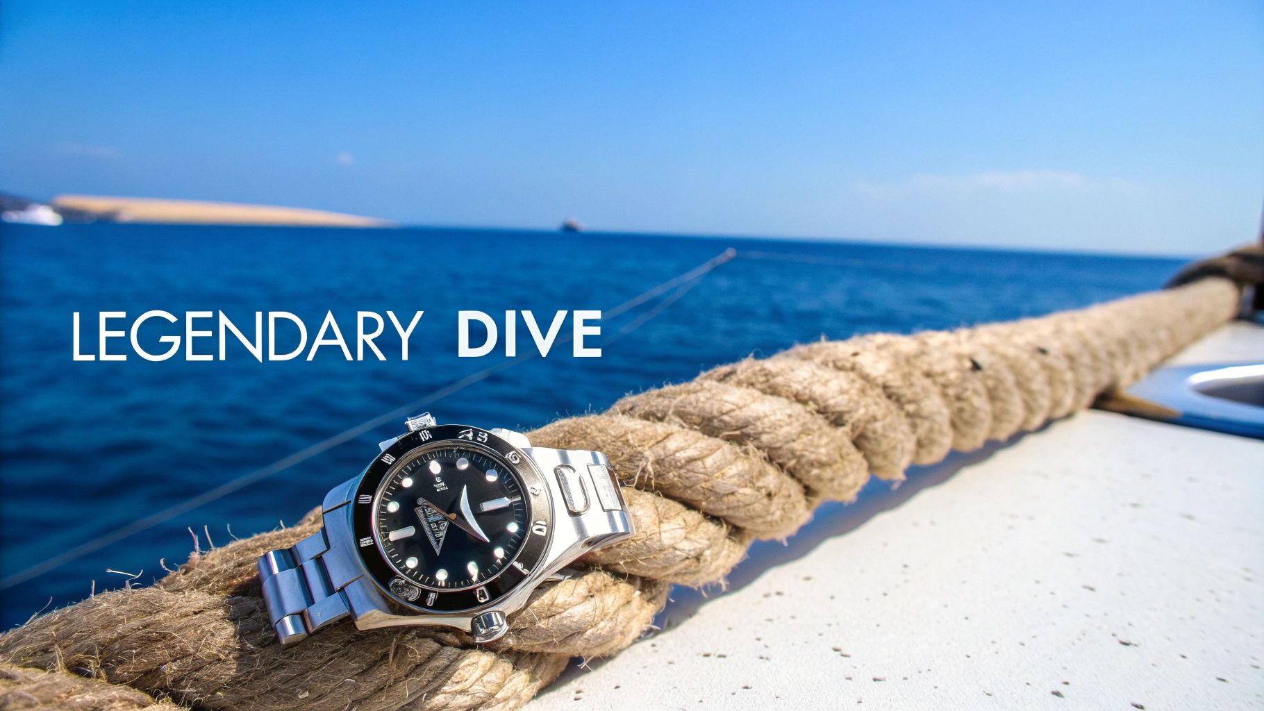 A silver dive watch rests on a thick rope on a boat, with the blue ocean and sky in the background.