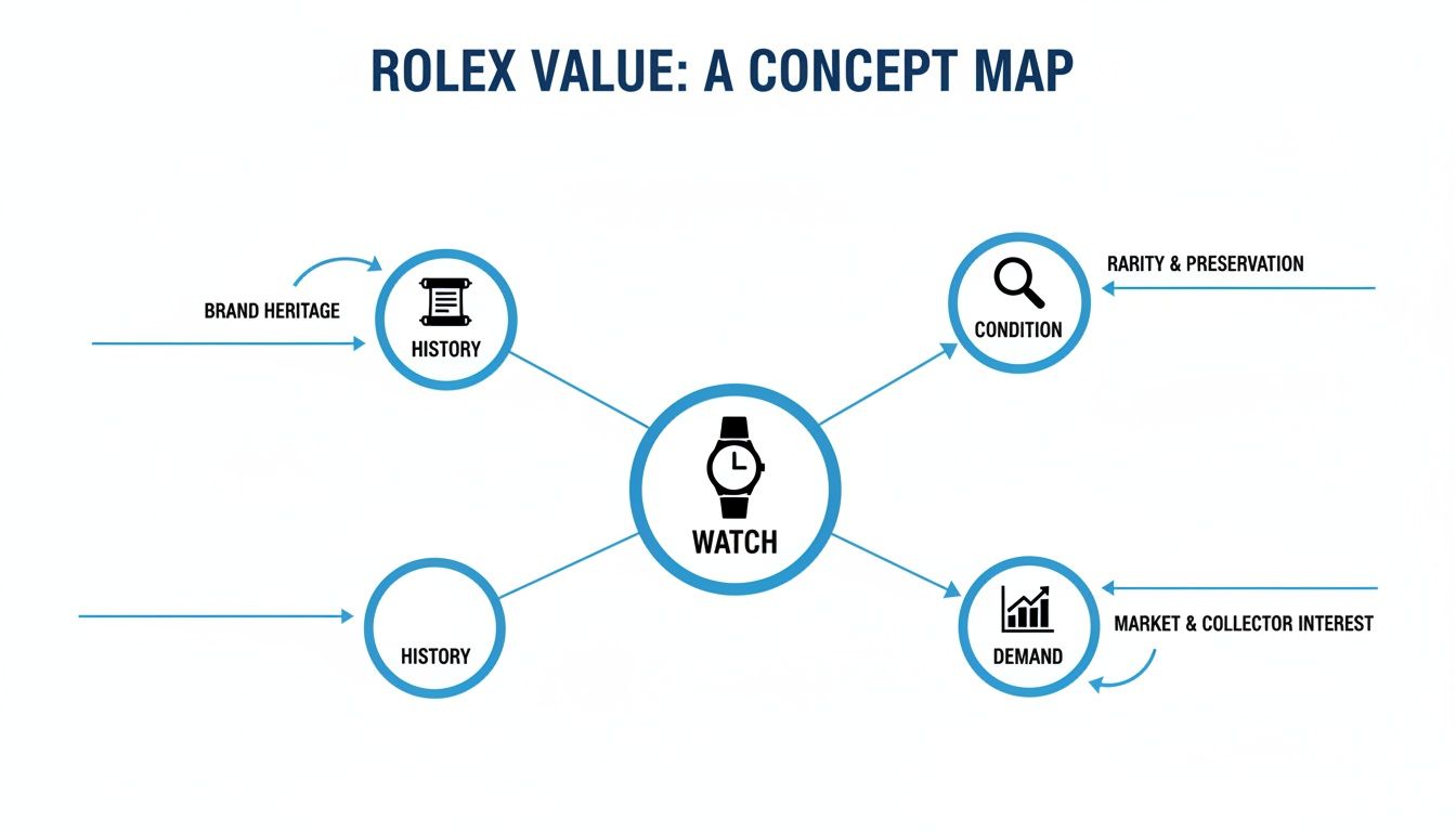 A concept map showing how Rolex watch value is determined by history, condition, and market demand.