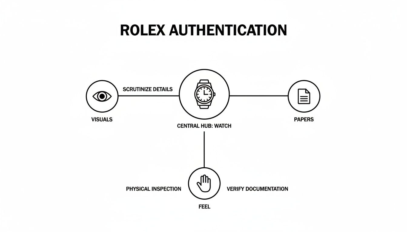 Diagram illustrating the Rolex authentication process, focusing on visuals, feel, and papers.