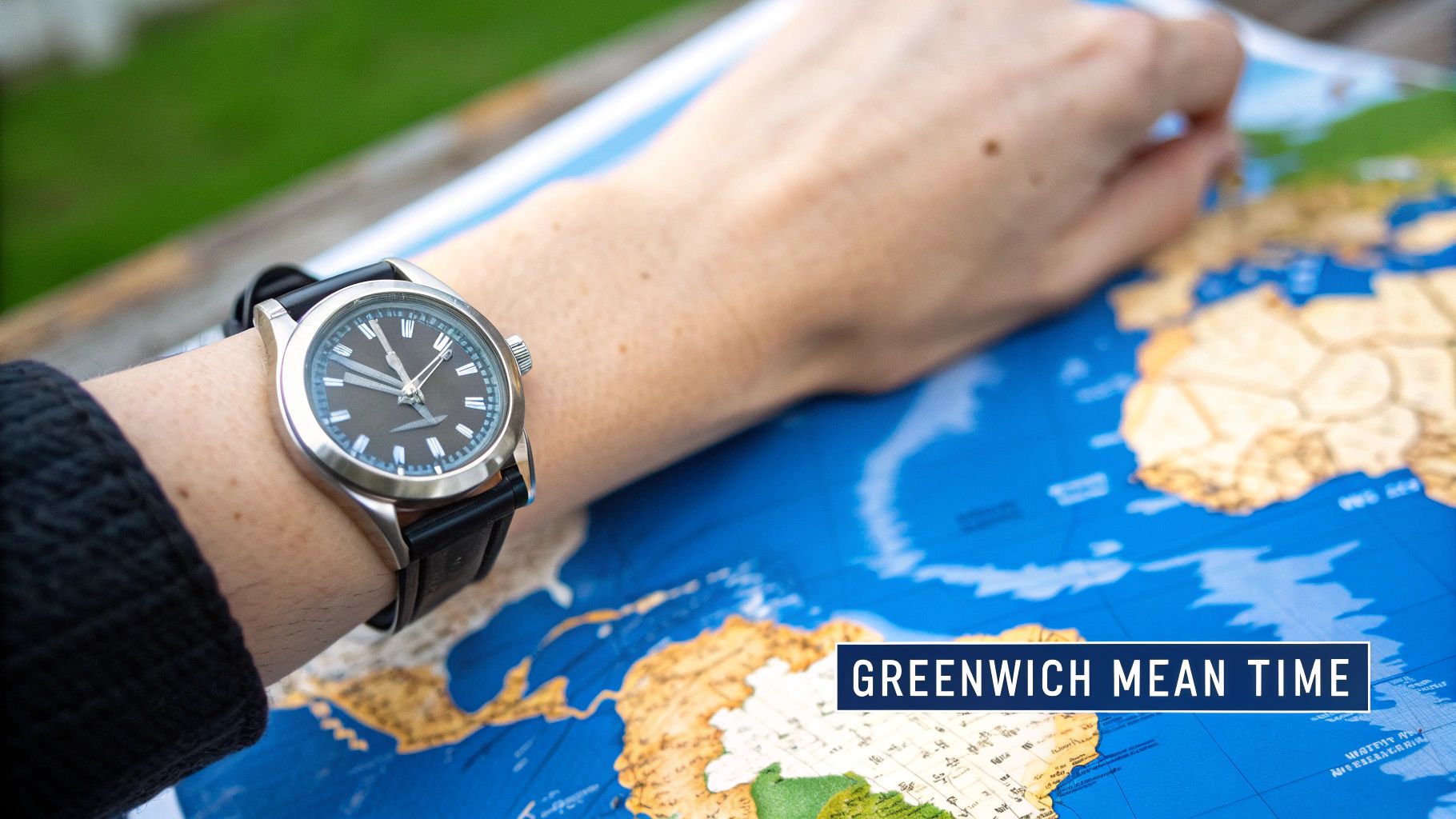 A person's wrist with a classic watch rests on a world map, featuring 'Greenwich Mean Time' text.