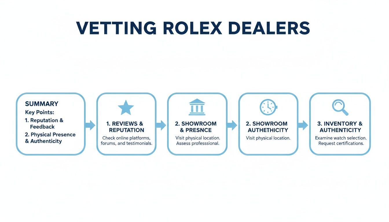 Flowchart illustrating steps to vet Rolex dealers, focusing on reputation, showroom, and inventory authenticity.