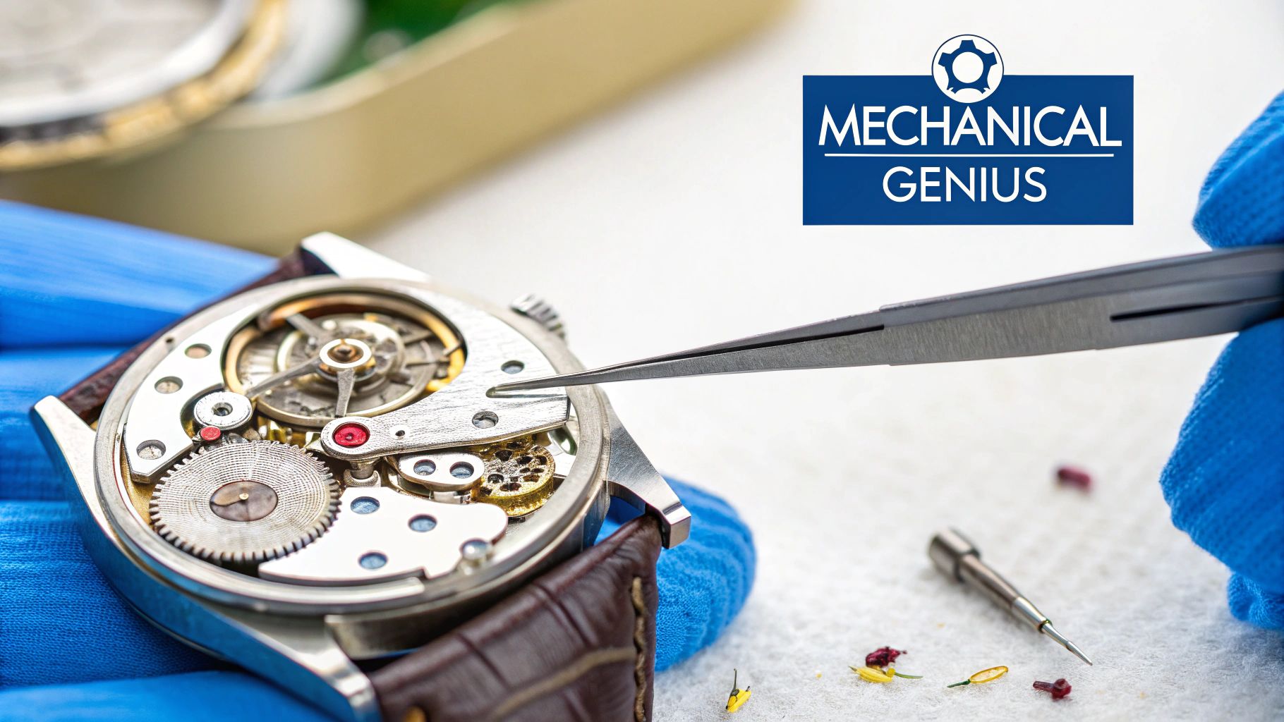 Close-up of a watchmaker wearing blue gloves meticulously assembling a mechanical watch movement with tweezers.
