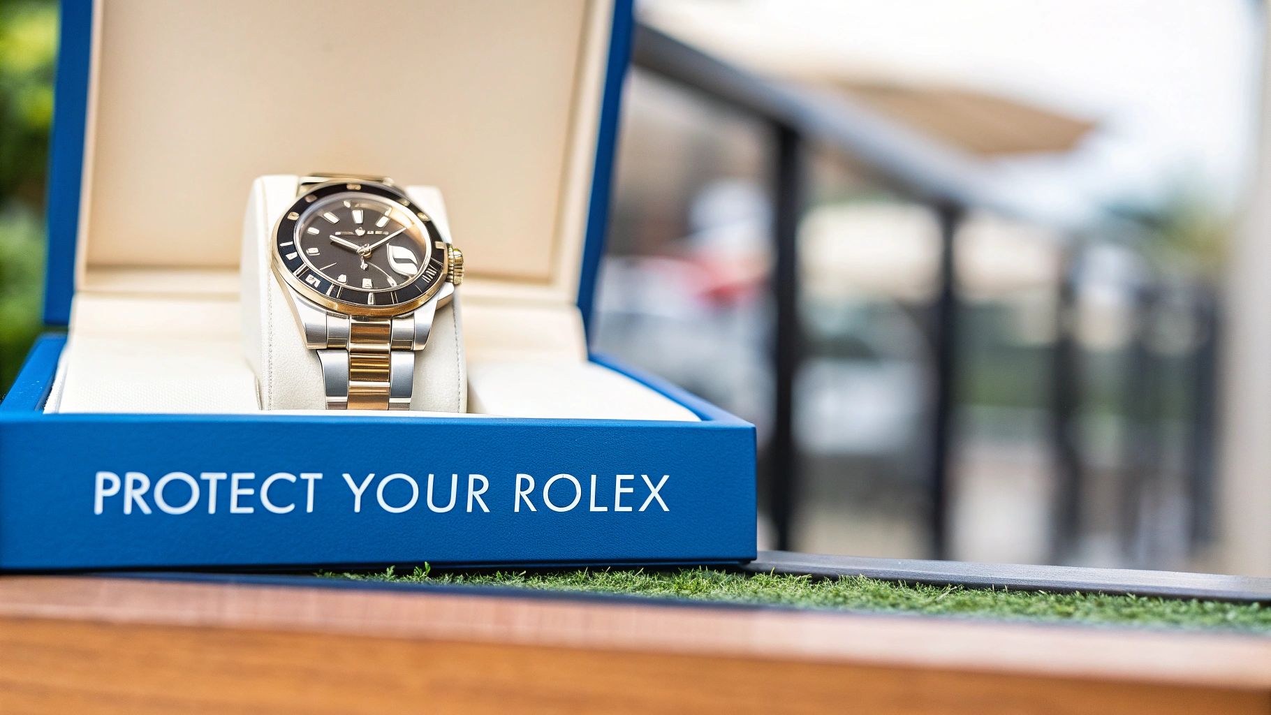 A luxurious two-tone Rolex watch displayed in an open blue box with 'PROTECT YOUR ROLEX' text.