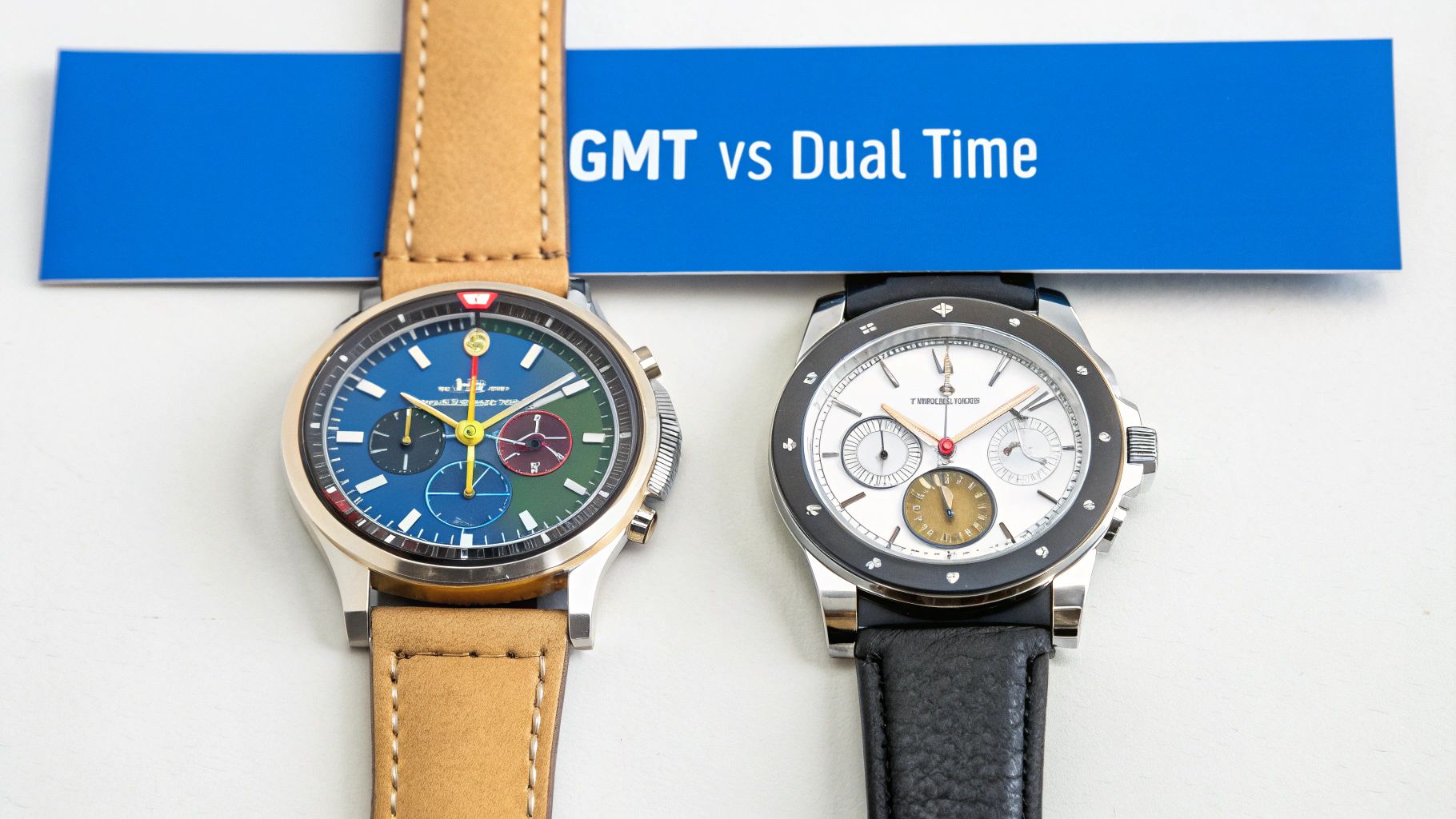 Two stylish watches, a blue-dial GMT and a white-dial dual time, displayed on a white surface with a blue 'GMT vs Dual Time' sign.