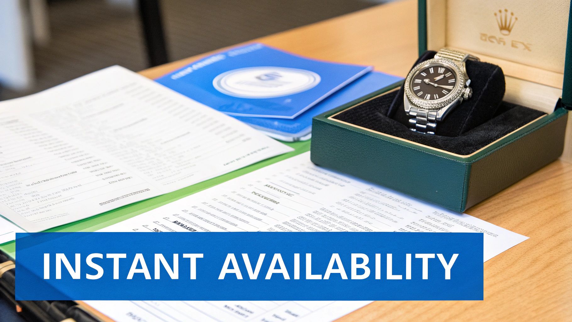A luxury Rolex watch in its green box on a desk with paperwork, emphasizing instant availability.