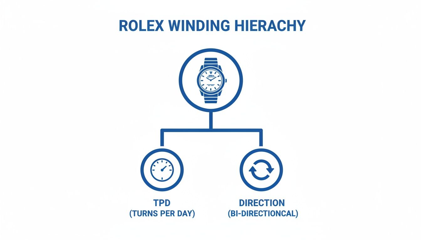 A hierarchy diagram illustrating Rolex watch winding parameters: Turns Per Day (TPD) and Bi-Directional direction.