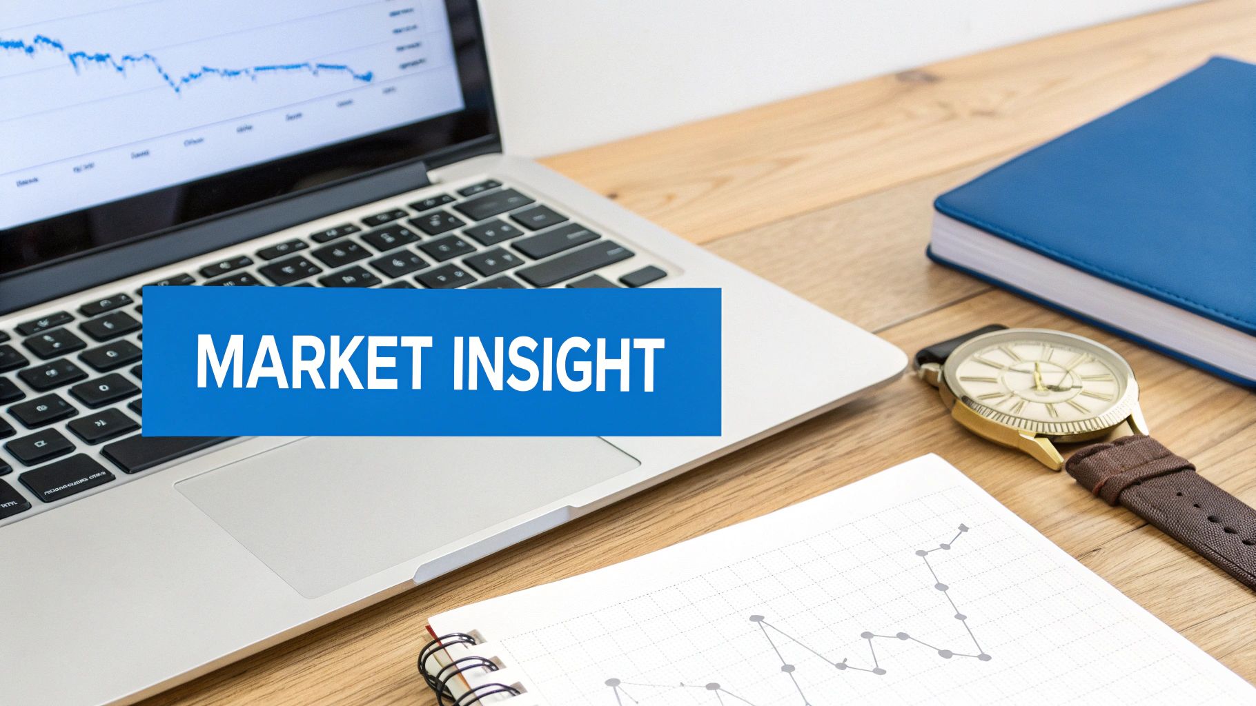 A desk setup with a laptop showing a financial graph, a watch, a notebook, and a 'MARKET INSIGHT' banner.