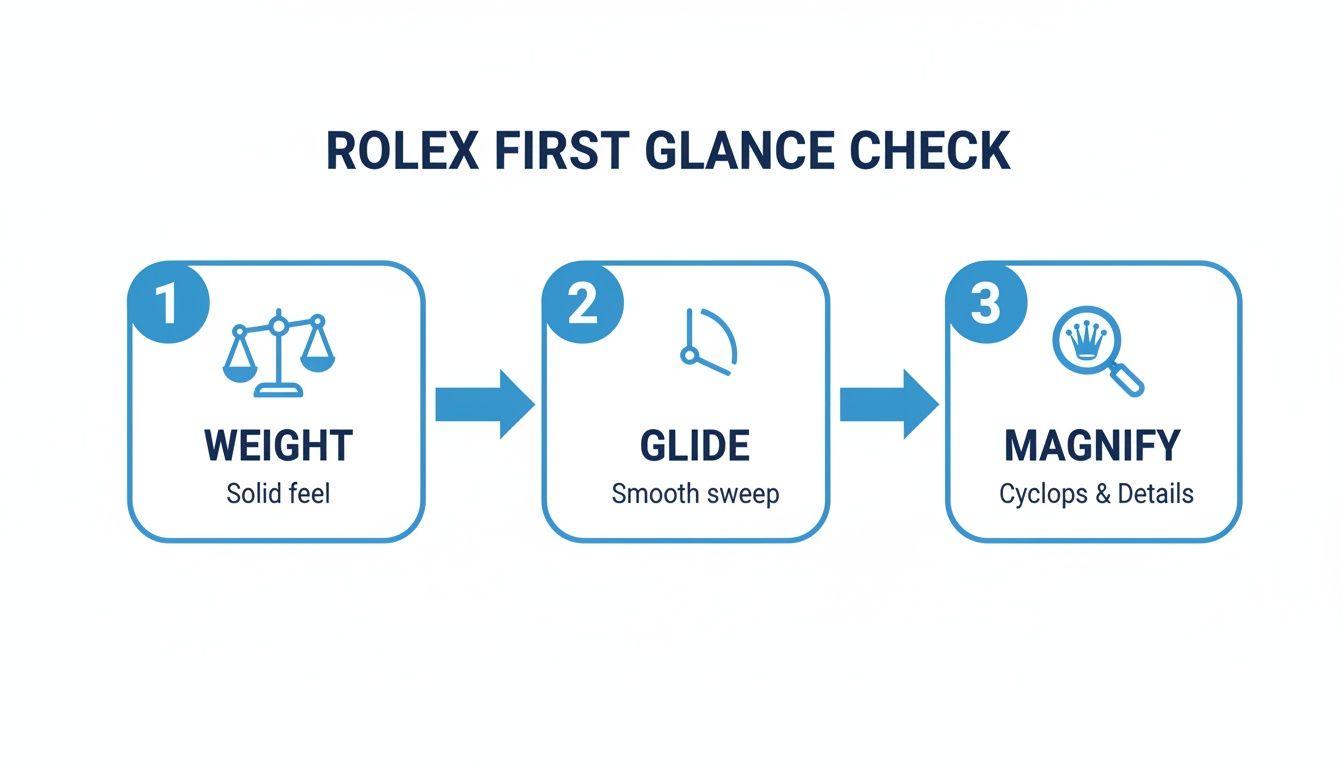 Infographic showing three steps to check if a Rolex watch is real: Weight, Glide, and Magnify details.
