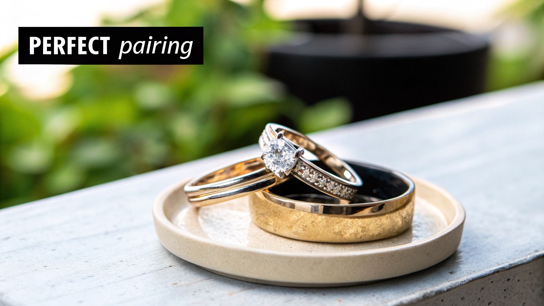 Three elegant wedding rings, including a diamond engagement ring, on a small tray with green background.
