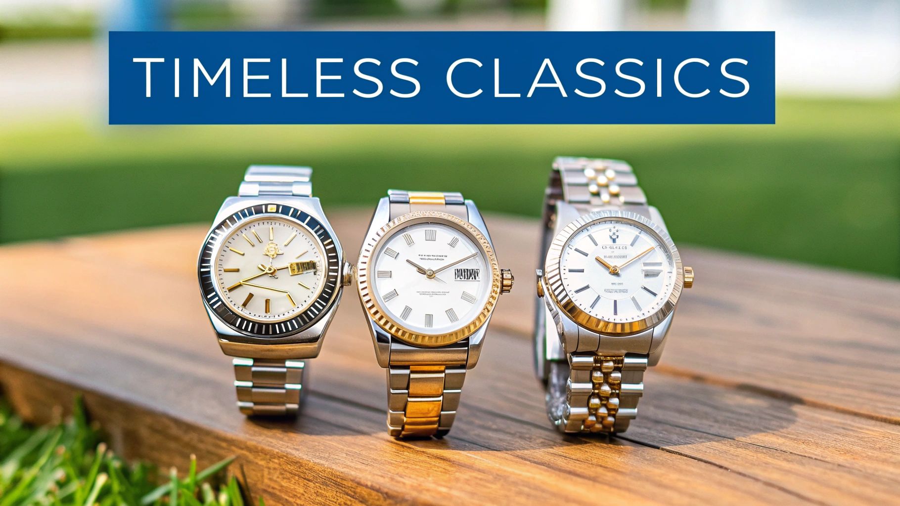 Three luxury watches with two-tone steel and gold finishes displayed on wooden surface